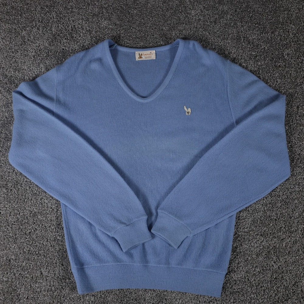 Vintage Harvey Hi Fashion Sweater Mens M Blue Bunny Logo Made in USA Knit